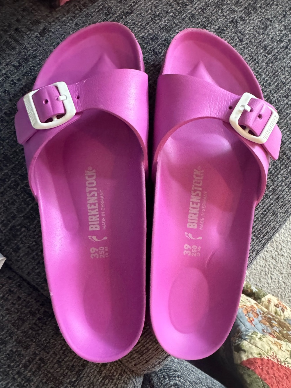 Birkenstock Pink EVA Single Strap Sandals with White Buckles